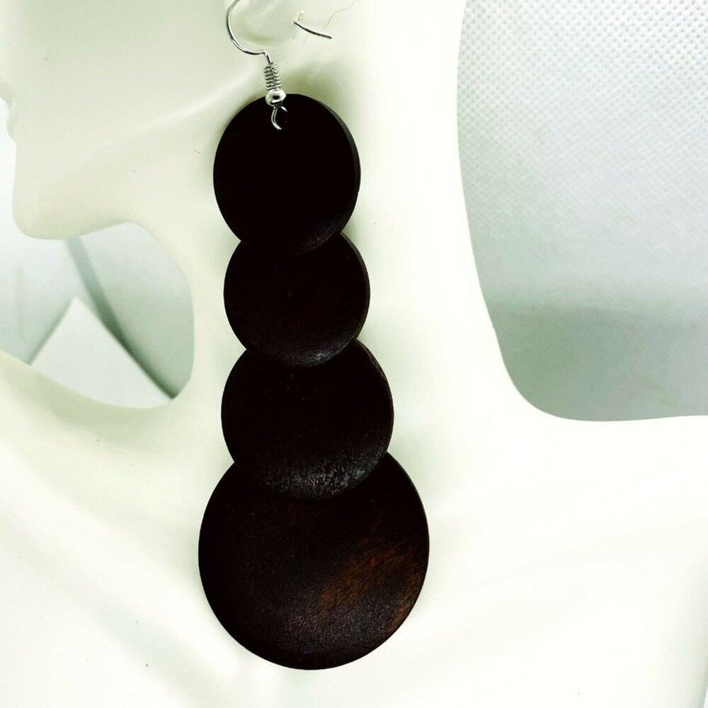 Brown Wood Layered Circle Tiered Dangle Earrings